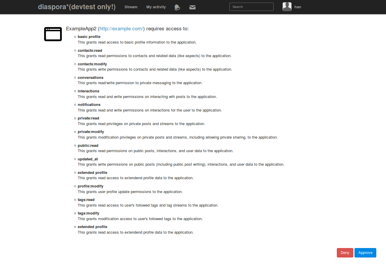 Diaspora API App Permissions Request Screen